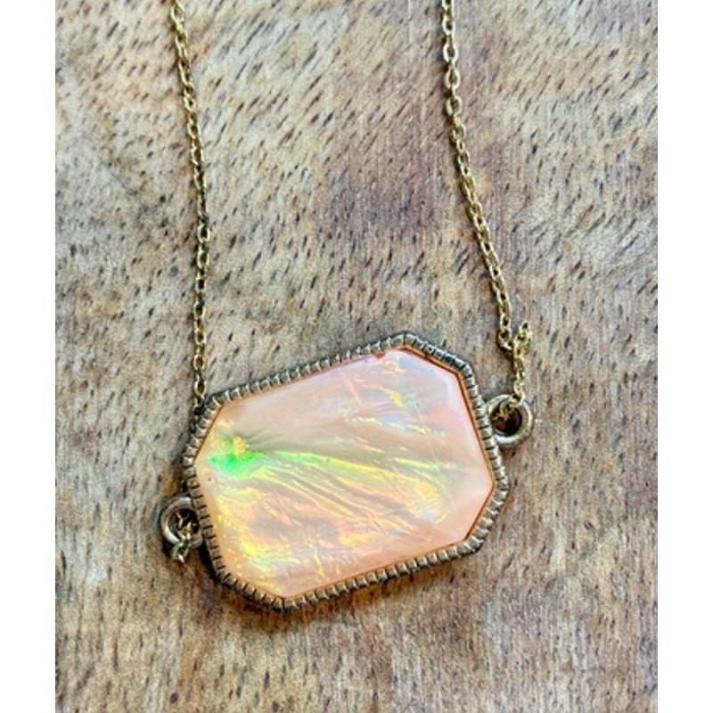 Gold Tone Dainty Iridescent Octagon Faux Opal Choker Necklace