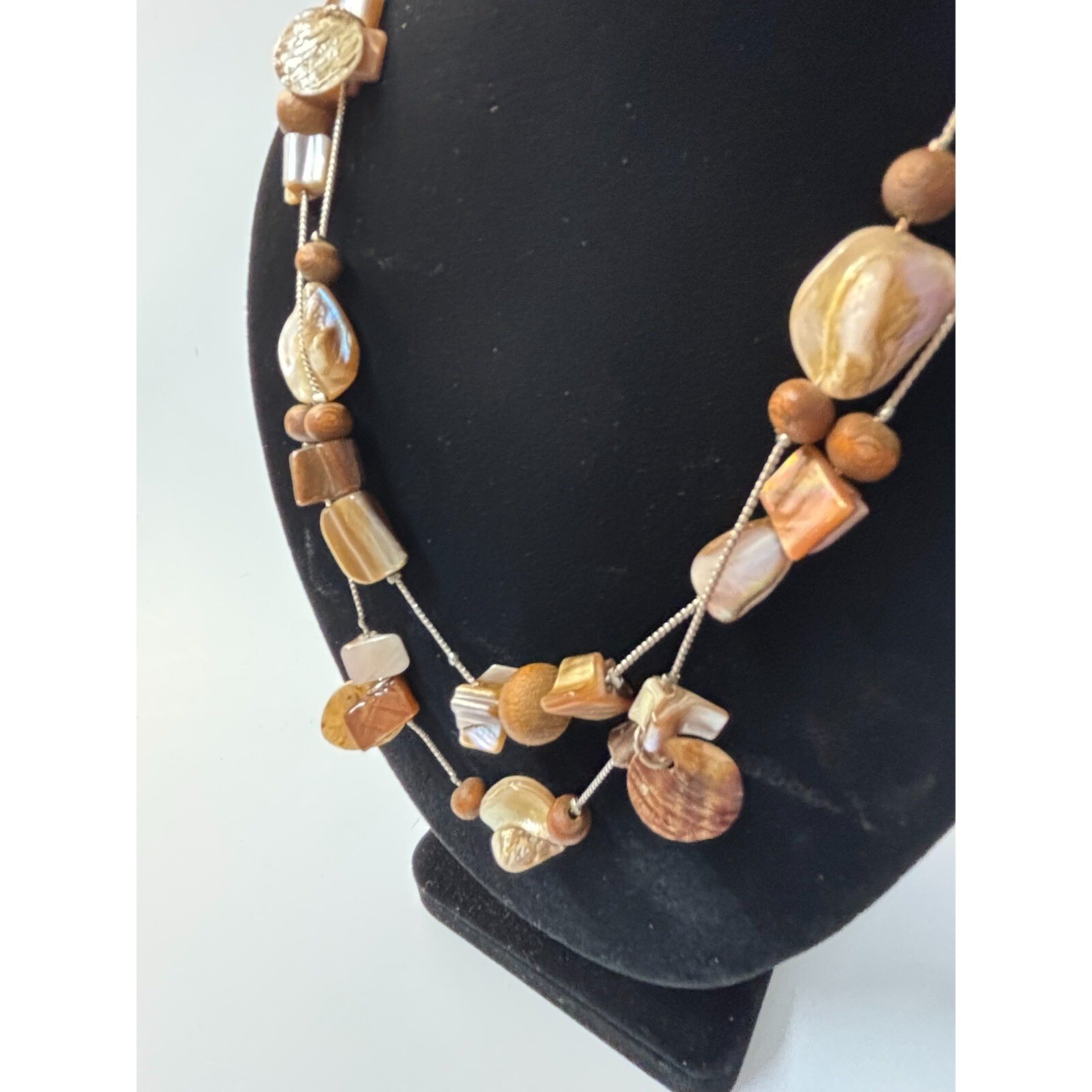 Long Statement Necklace Mother of Pearl Wood Beads Brown Artsy Boho Jewelry