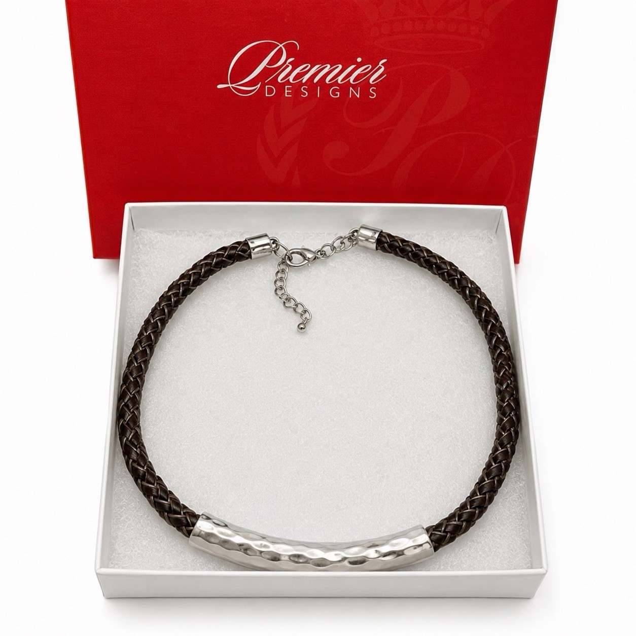 Premier Designs Organic Braided Leather Hammered Silver Bar Necklace NWT
