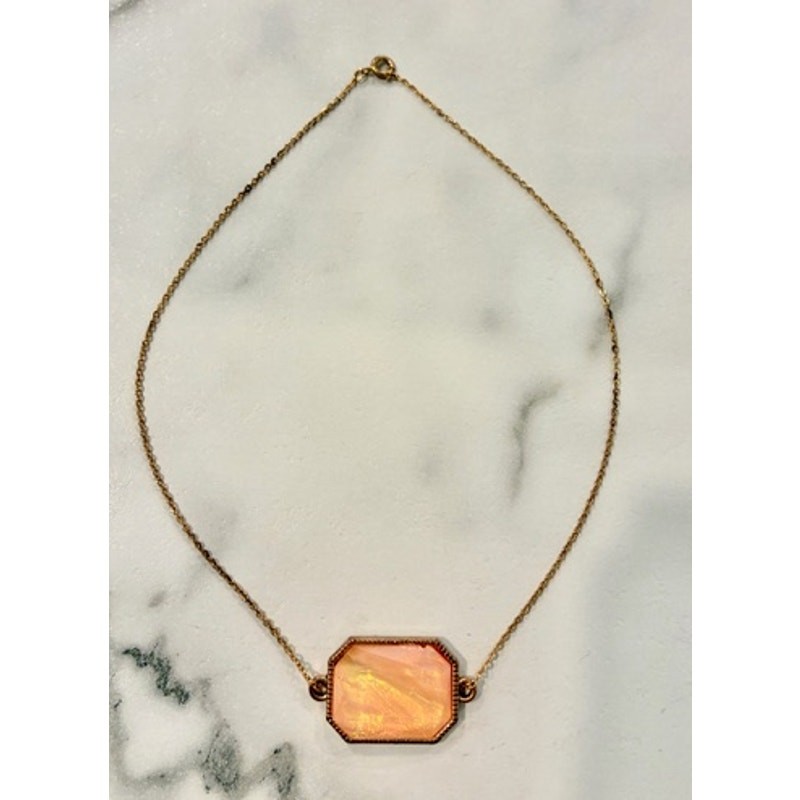 Gold Tone Dainty Iridescent Octagon Faux Opal Choker Necklace