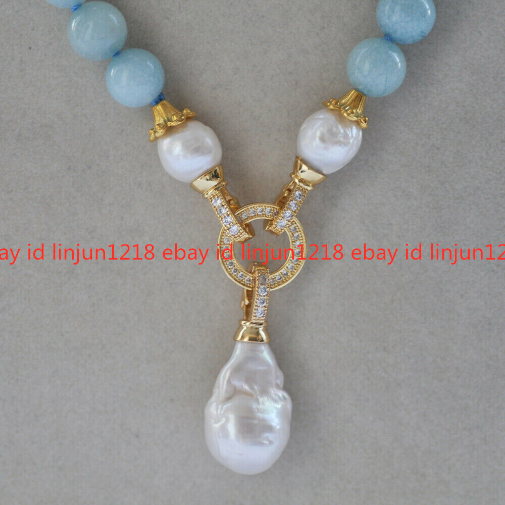 Natural 10mm Round Blue Amazonite White Keshi Pearl Pendant Beads Necklace 22”