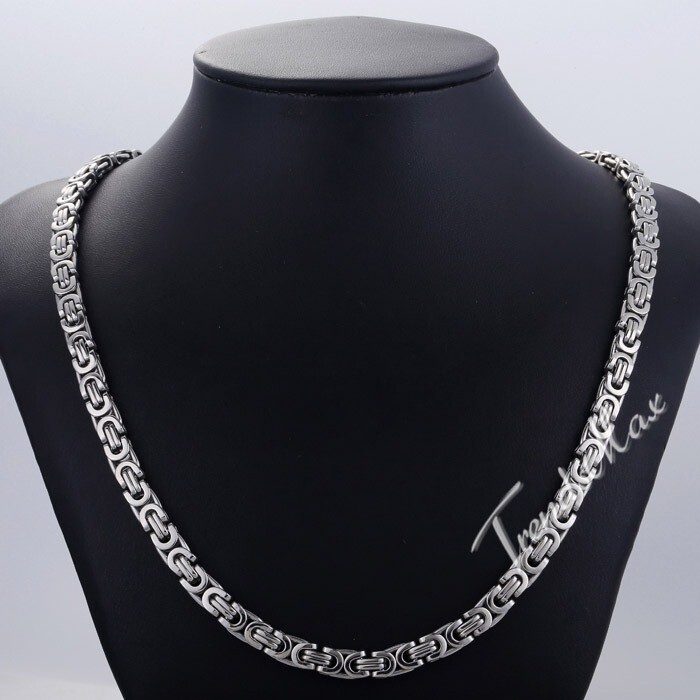 7mm Mens Chain Flat Byzantine Silver Tone Stainless Steel Necklace 18/20/22/24in