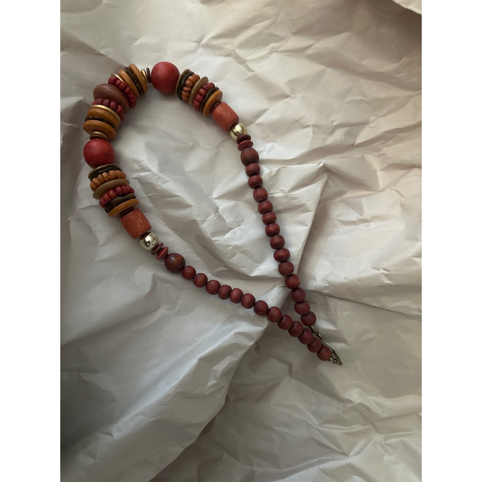 Vintage Chunky Wood Bead Statement Necklace Earthy Red Brown Boho Eclectic Clasp