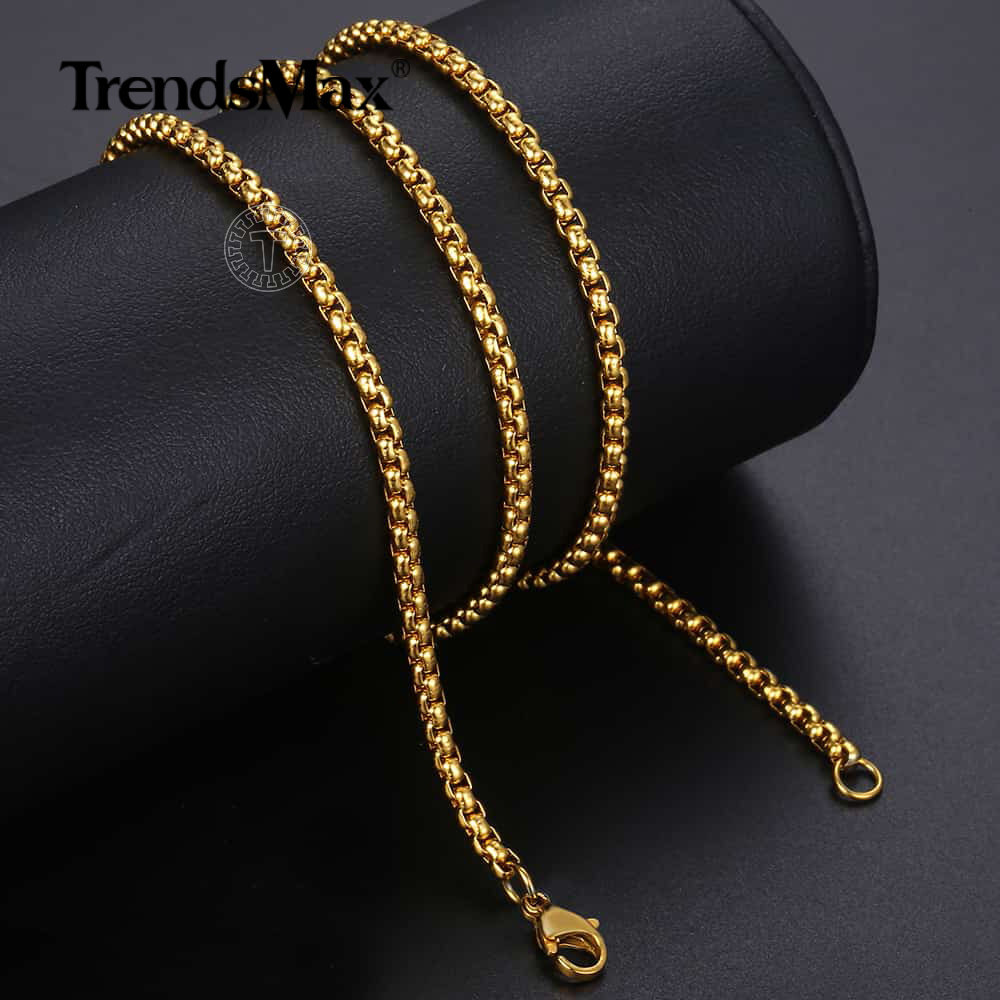 3MM Gold Plated Stainless Steel Round Box Chain Necklace 24″