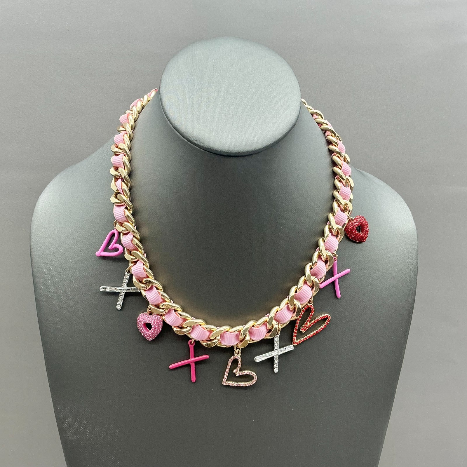Betsey Johnson Necklace Gold Tone Pink Ribbon Chain Heart Cross Charms