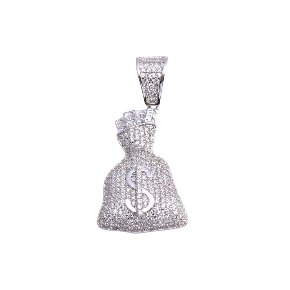 Rhodium Plated 925 Sterling Silver Money Bag Hip Hop Cash Dollars $ Rich Pendant