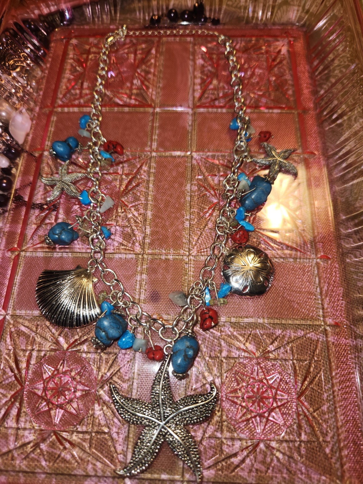 Silver Starfish Seashell Charm Necklace Turquoise Stone Coral Beads