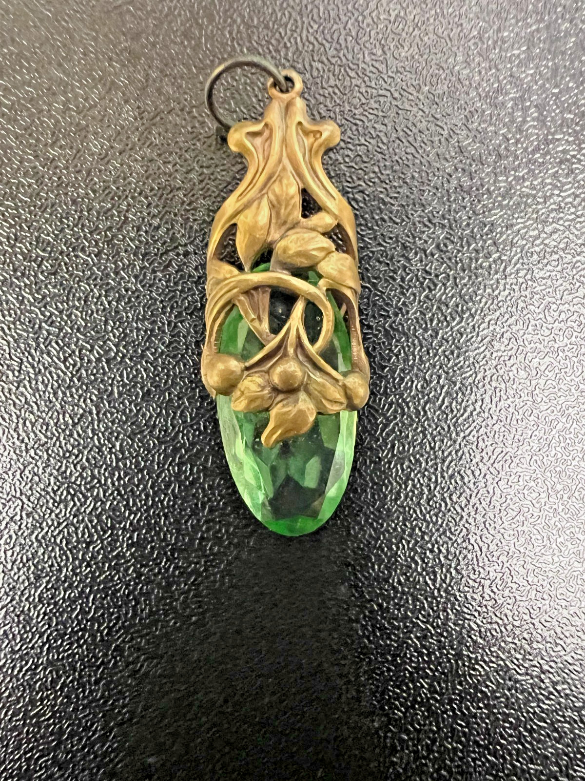 Vintage Green Faceted Glass Stone Gold Tone Pendant Art Nouveau Style Charm