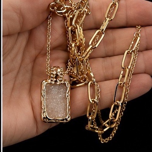 Layered Necklace Polished Gold Paperclip Cable Chain Crystal Rectangular Druzy