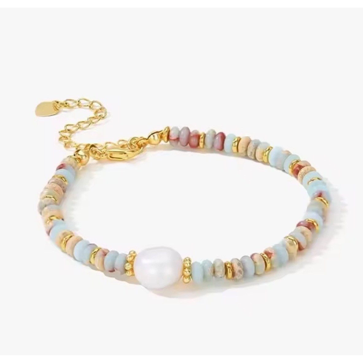 Natural Amazonite and Freshwater Pearl Beaded Necklace Gold Tone Adjustable