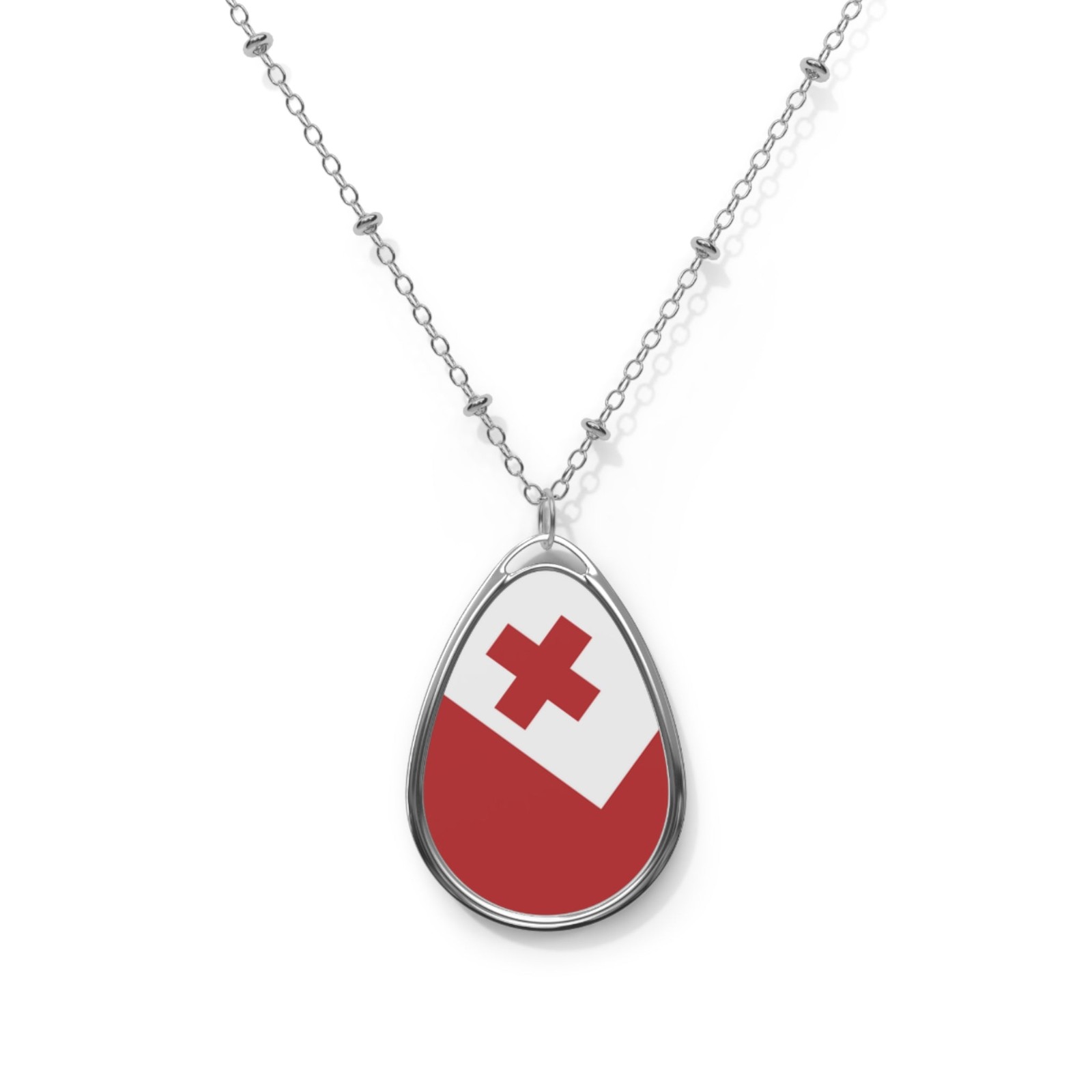 Tonga Flag Oval Necklace – Zinc Alloy Flag Pendant – One Size / Silver