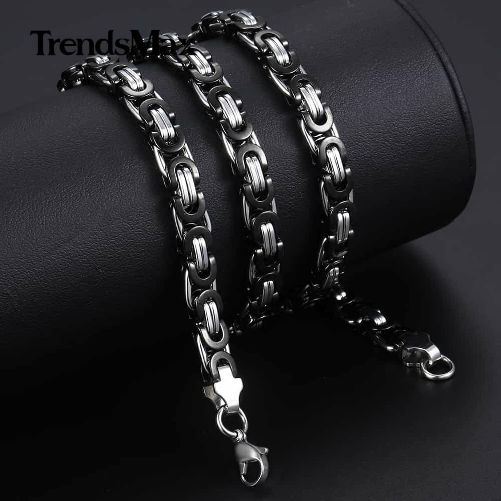 7MM 18-30″ Black Silver Tone Flat Byzantine Mens Chain Stainless Steel Necklace