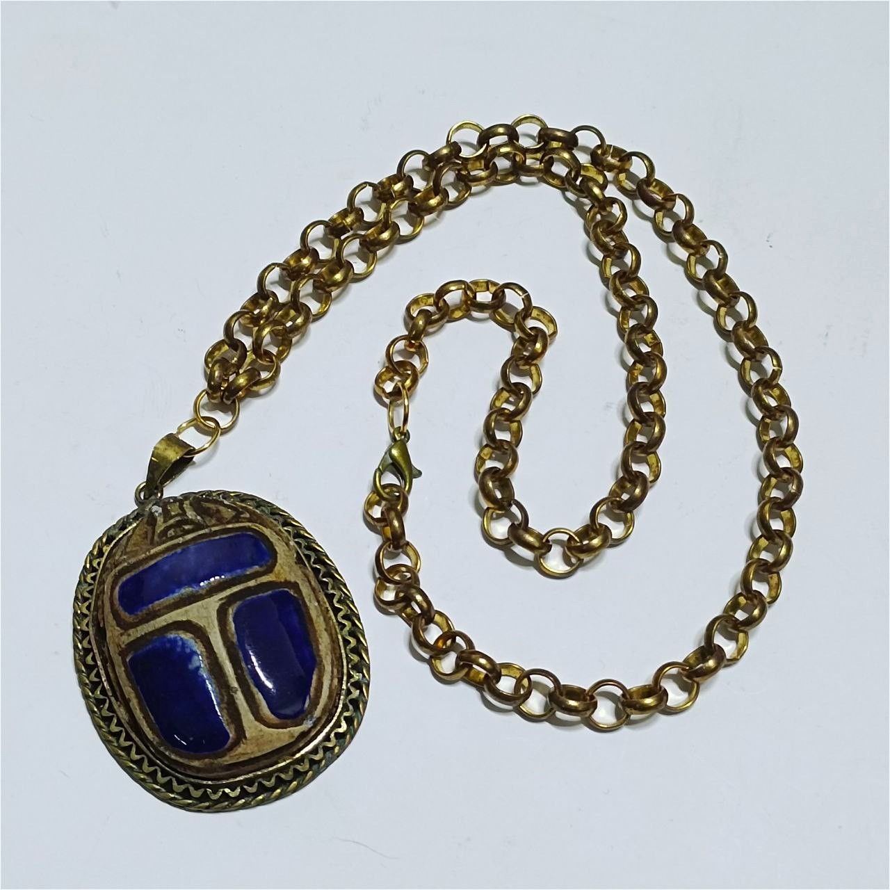 Vintage Brass Scarab Pendant Necklace Blue Inlay Classic Egyptian Style Jewelry