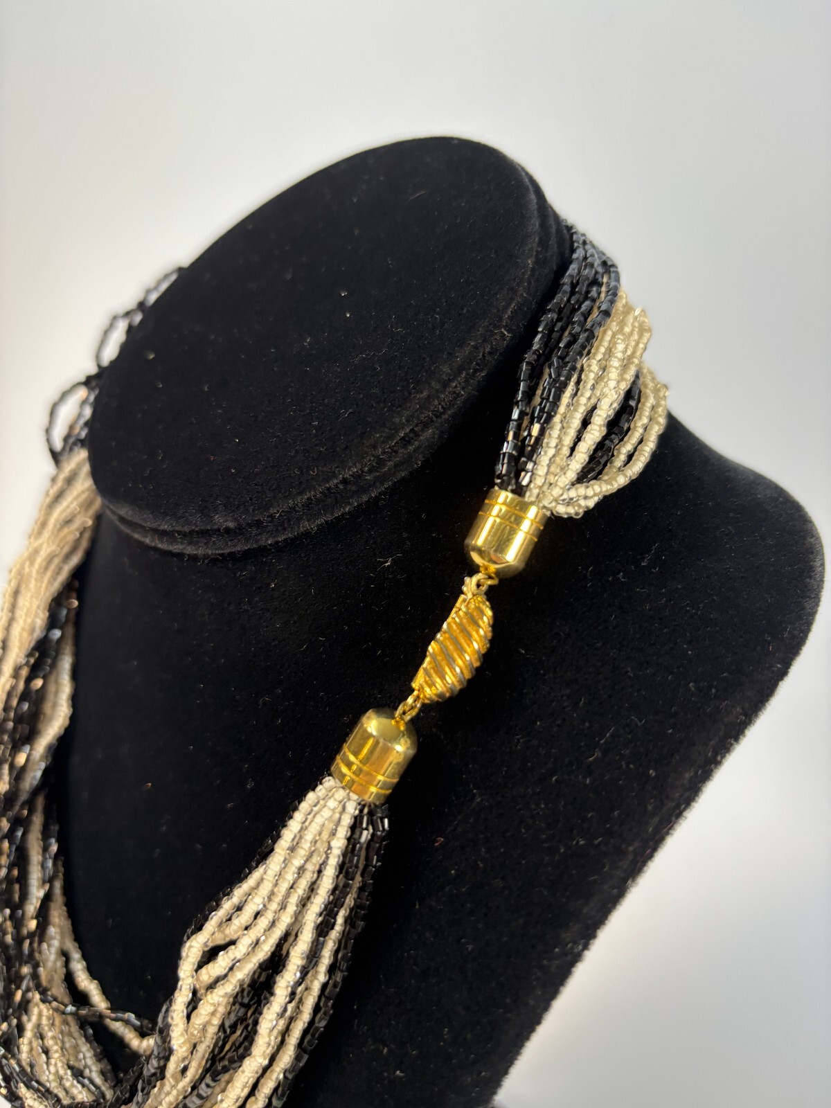 Necklace Black and White Statement Piece 16 in Dramatic Glass Seed Bead