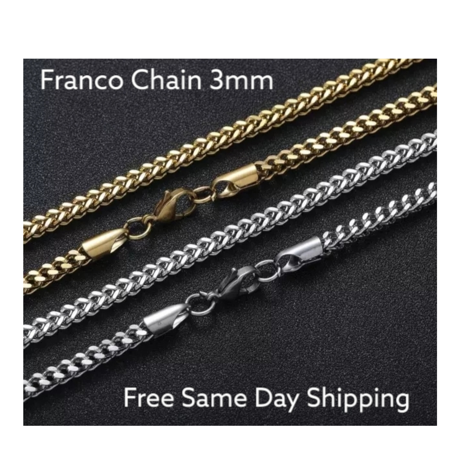 Stainless Steel Gold Plated Franco Chain Necklace 3mm Unisex Hip Hop Jewelry