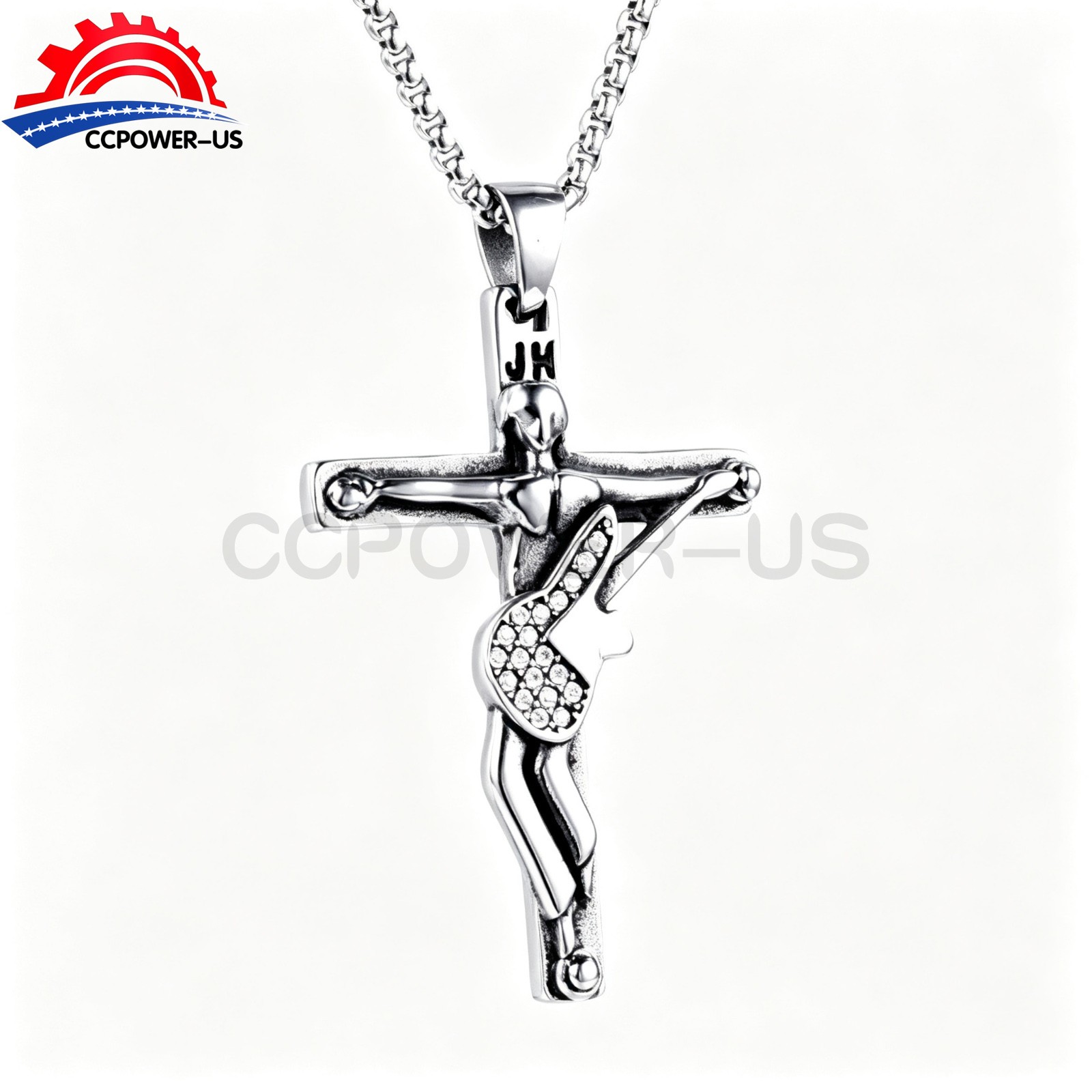 316L Stainless Steel CZ Guitar Cross Pendant Necklace Mens Rock Music Gift