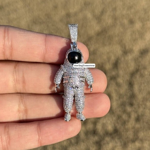 Astronaut Iced Out Pendant 14K White Gold Plated + Free AntiTarnish Rope Chain
