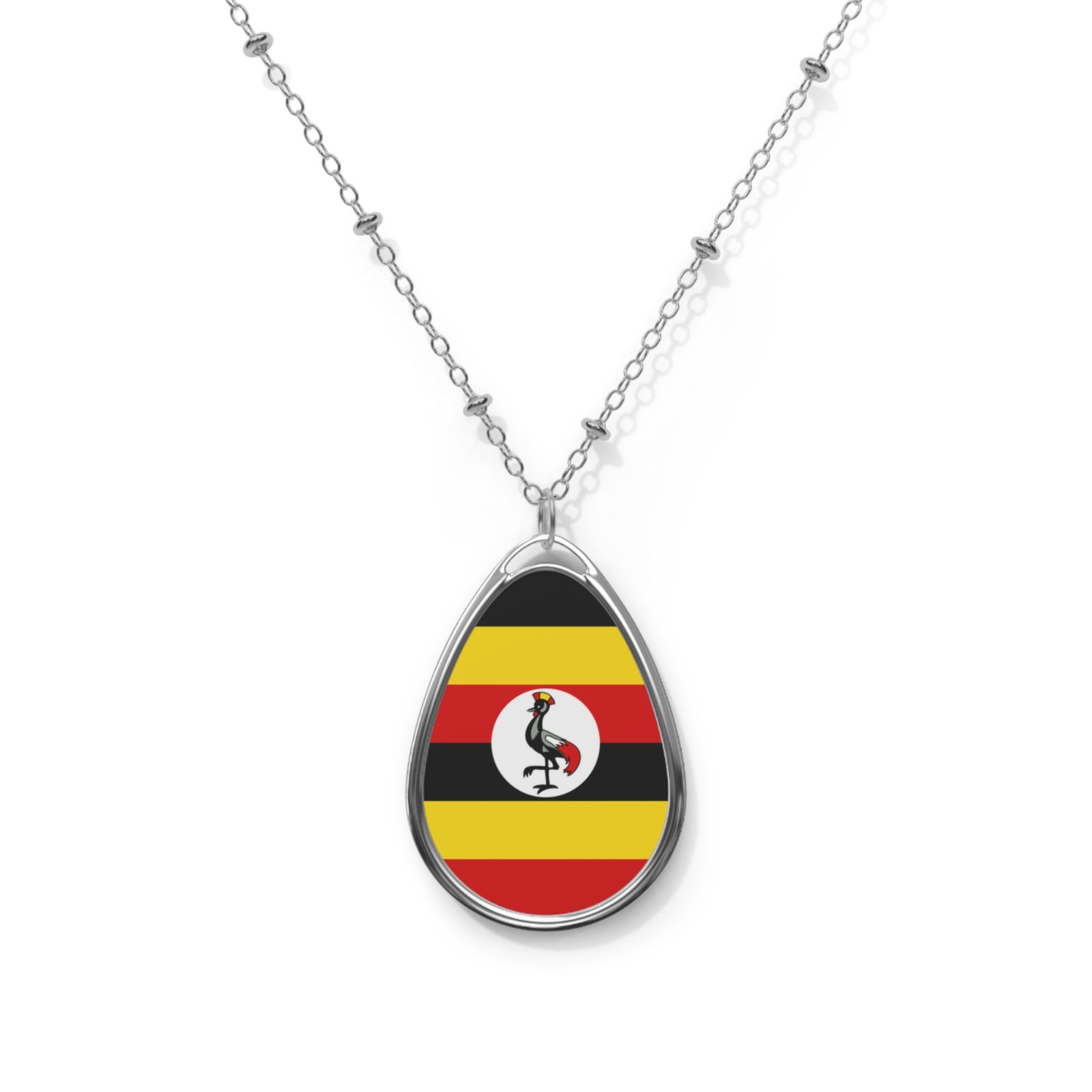 Uganda Flag Oval Necklace – Zinc Alloy Pendant – One Size / Silver