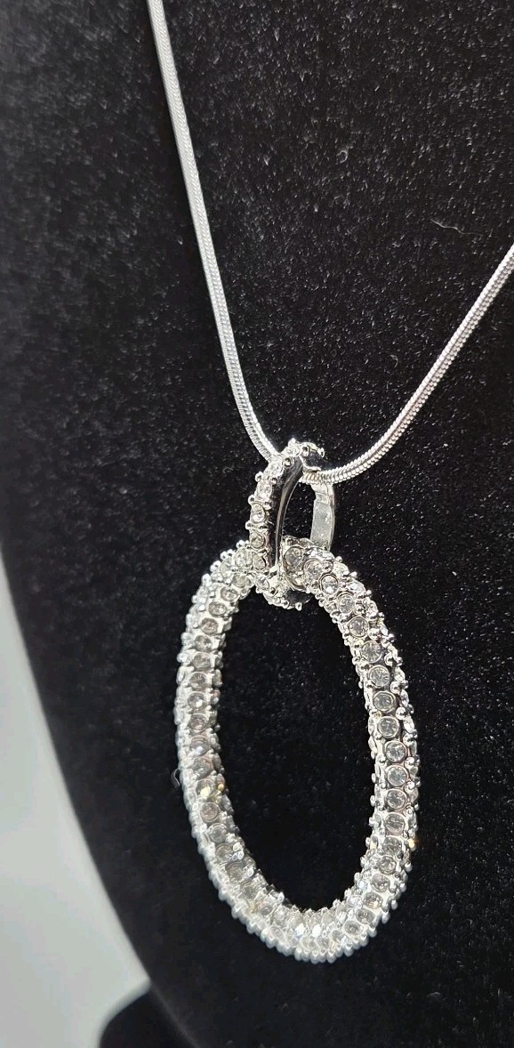 Park Lane? Unmarked Silver Tone Oval Necklace 20″ Clear CZ Cubic Zirconia Pave