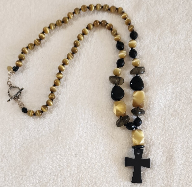 Ali Kahn Golden Tigers Eye Necklace Cross Pendant Sterling Silver 27 In Dust Bag