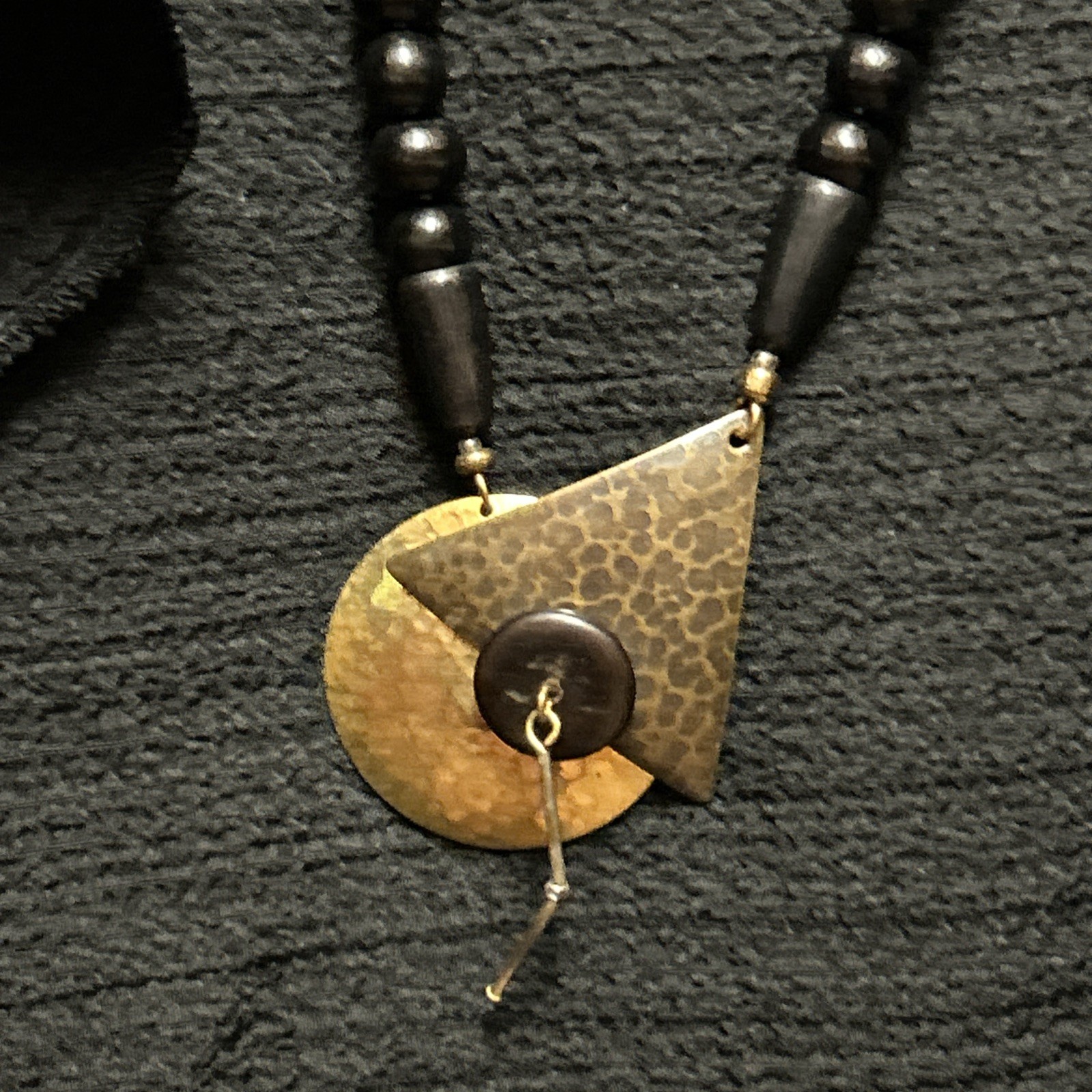 Vintage Boho Chunky Black Wood Beaded Necklace Hammered Geometric Pendant