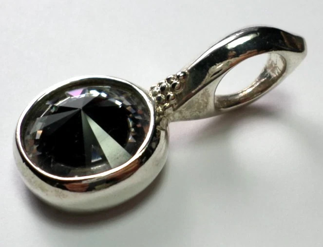 Vintage Be-Je Black Middle Clear Swarovski 20mm Rivoli Silver Pendant 46x23mm
