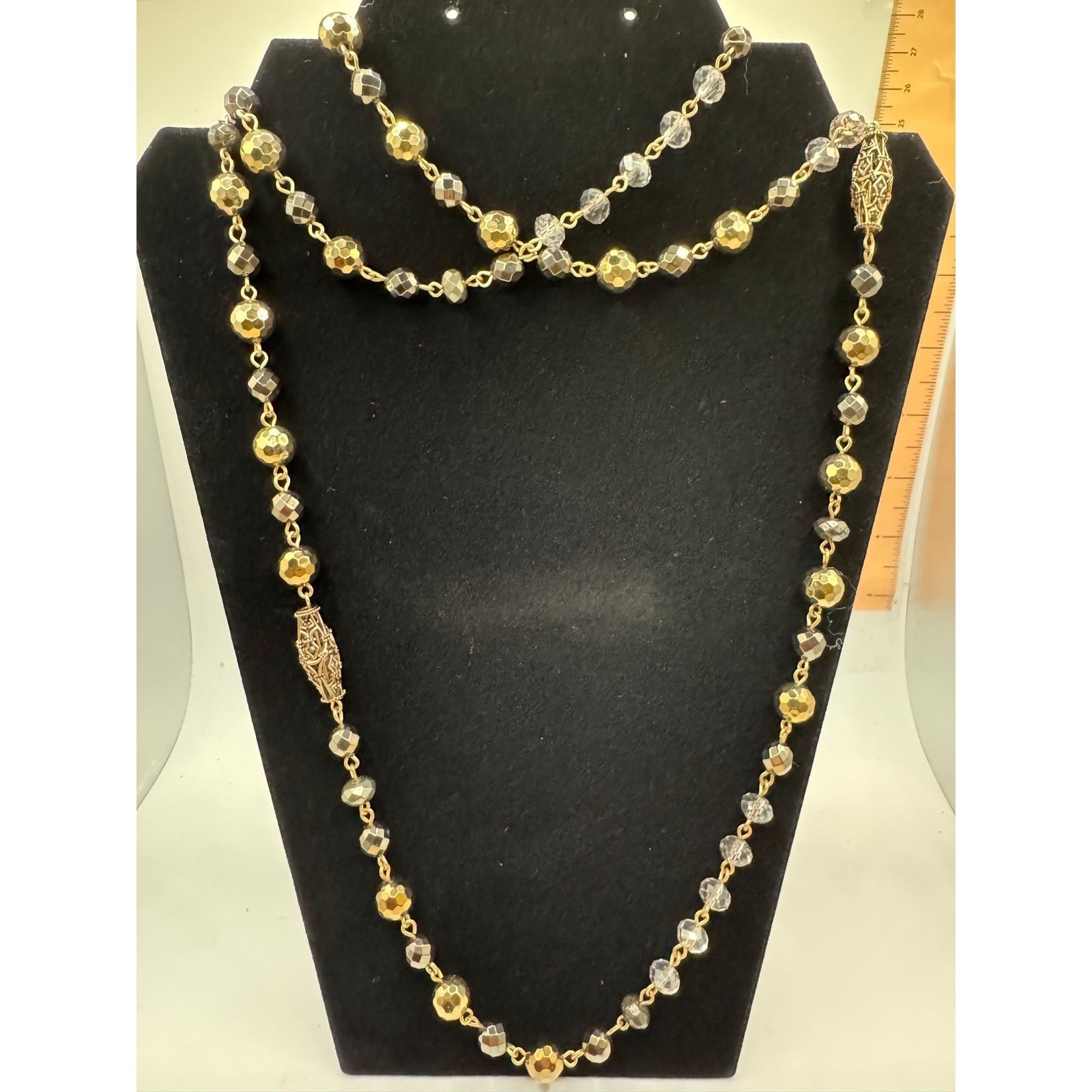 Long Faceted Bead Filigree Station Necklace Gold Silver Clear Metallic 27in Drop