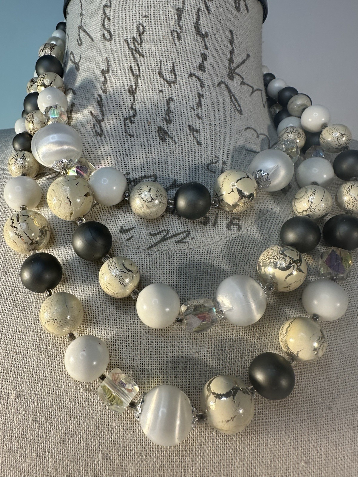 Vintage Multi-Strand Beaded Necklace, Black White Gray Beads, Adjustable Jewelry