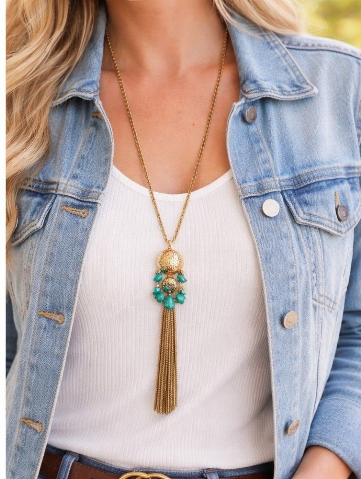 Statement Gold Tone Tassel Necklace Turquoise Teardrop Rhinestone Pendant Boho