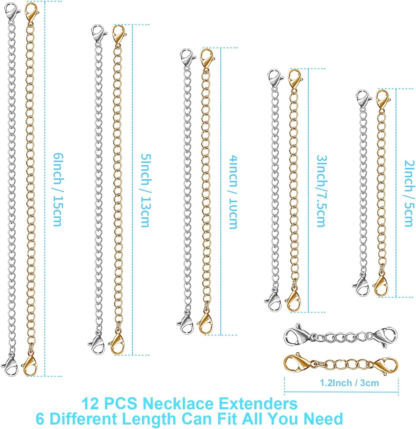 12 PCS Necklace Extenders – Stainless Steel Necklace Extension Chain for Jewelry
