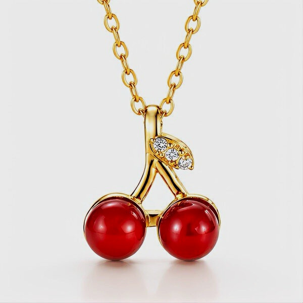 Gold Tone Yellow Gold Plated Cable Chain Necklace Red Cherry Crystal Charm