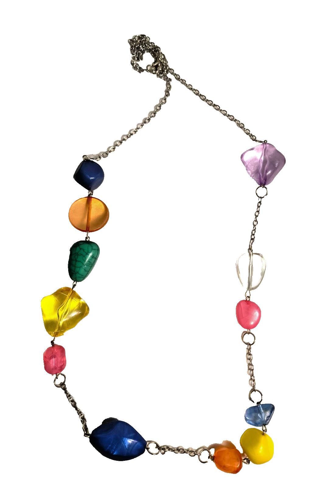 Multicolor Acrylic Beaded Statement Necklace Silvertone Chain