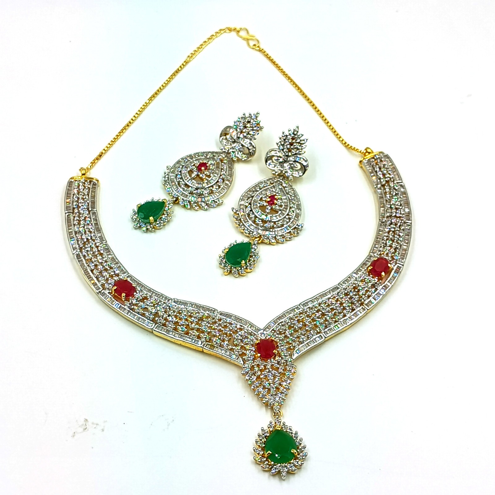 Traditional Emerald Ruby CZ Diamond Choker Necklace Set 22k Gold Plated