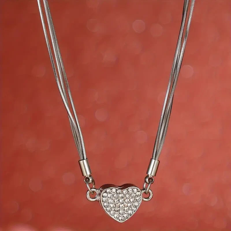 Magnetic 3 Layer Love Heart Shape Rhinestone Silvery Necklace Women Fashion Gift
