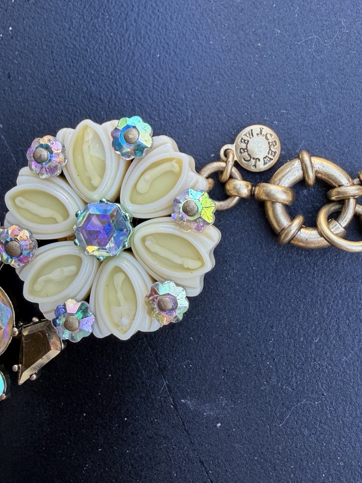 J.Crew Floral Statement Necklace Cream Resin Flowers AB Crystal Rhinestone Gold
