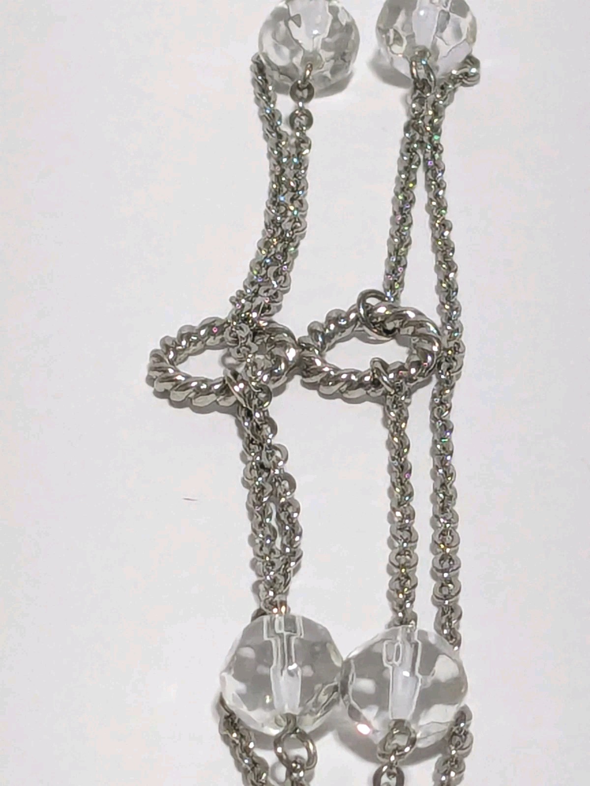 Silver Tone Chain Necklace With Clear Glass Beads & Faceted Rectangular Pendant