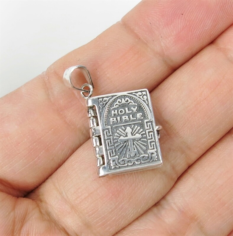 925 Sterling Silver Lord’s Prayer Holy Bible Open Pages Locket Charm Pendant