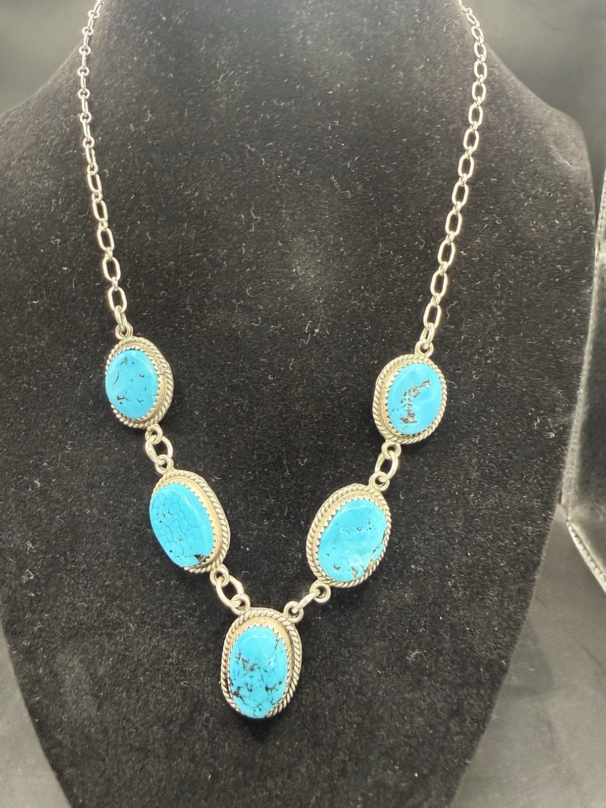 Native American Oval Blue Turquoise Bezel set 925 necklace