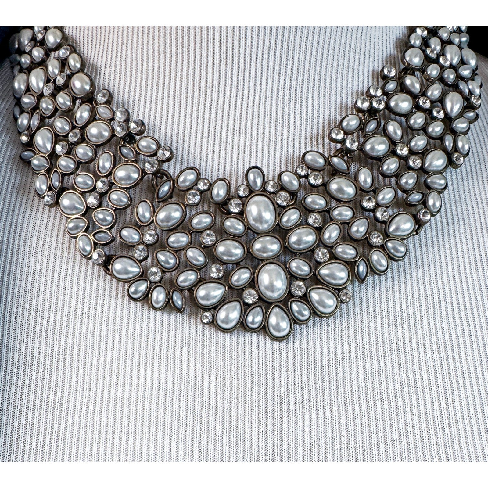 BaubleBar Pearl Rhinestone Statement Bib Necklace Silver Tone Bridal Prom
