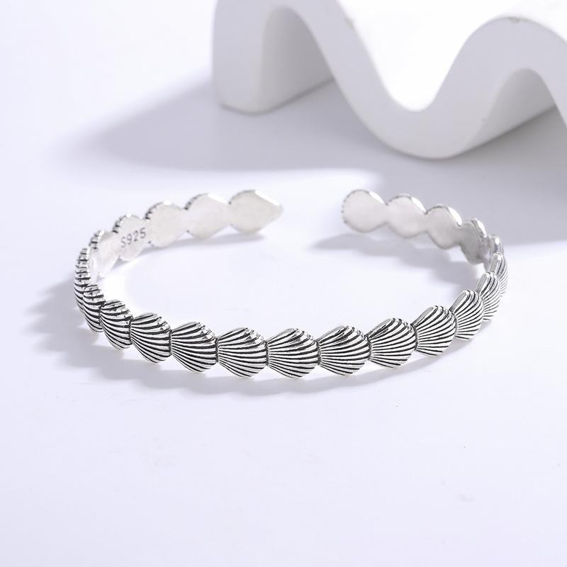 925 Sterling Silver Shell Open Bangle Retro Thai Silver Creative Cuff Bracelet
