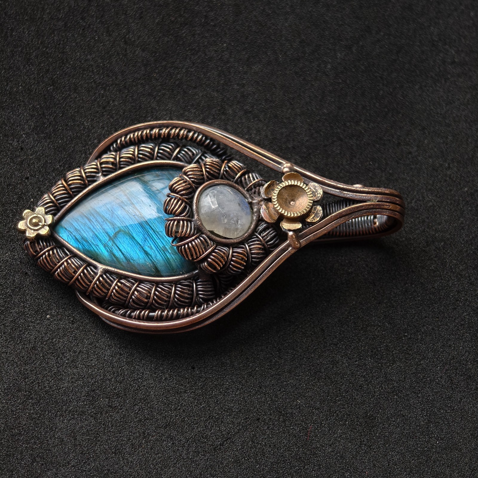 Copper Wire Wrapped Labradorite & Moonstone Pendant Necklace Handmade Boho Jewel