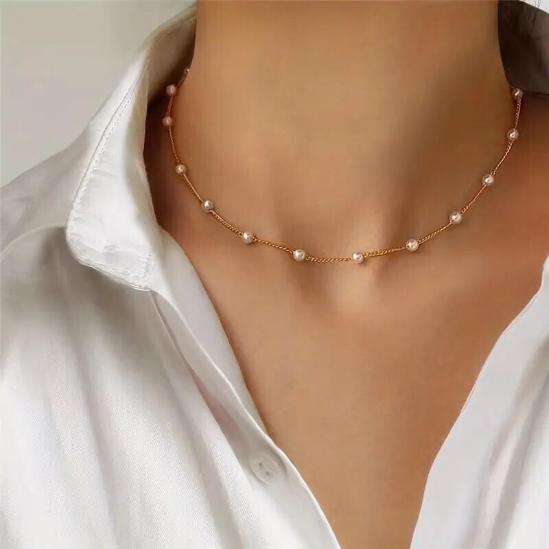 Elegant Imitation Pearl Collarbone Gold Plated Necklace Stylish Women Fashion
