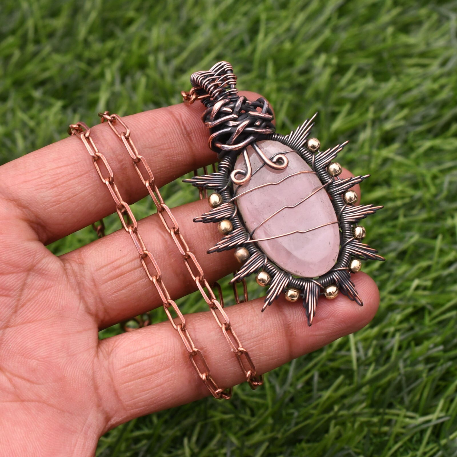 Natural Rose Quartz Gemstone Copper Wire Wrap Handmade Jewelry Pendant 2.28″