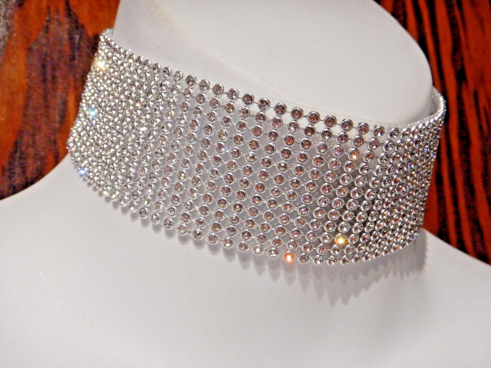 CLEAR CRYSTAL RHINESTONE COLLAR silver-tone wide vinyl choker necklace band 4A