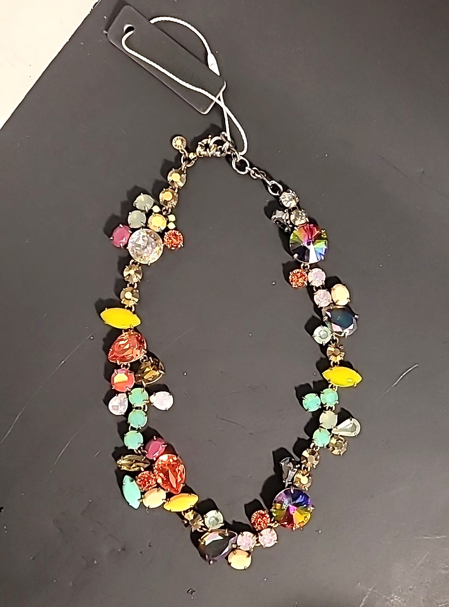 J Crew Melange Statement Necklace Multicolor Crystal Rhinestone Silver Tone 18″