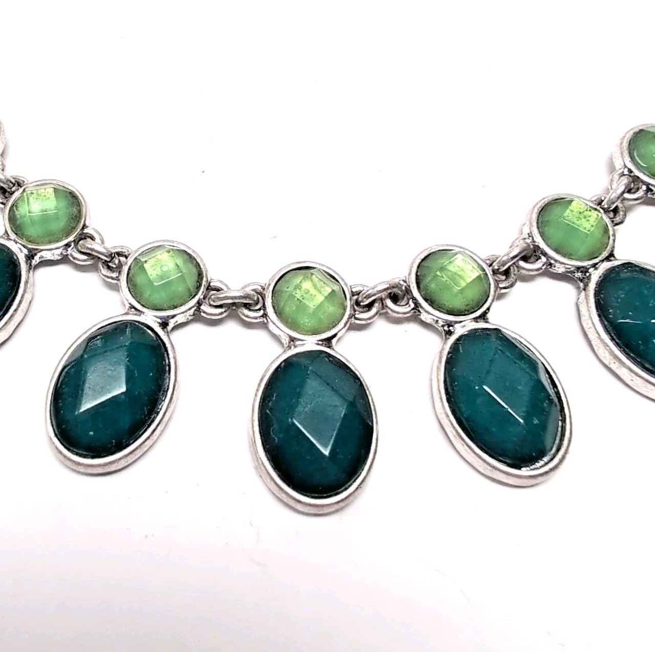 Lucky Brand Statement Necklace Silver Tone Snake Chain Green Faceted Ovals