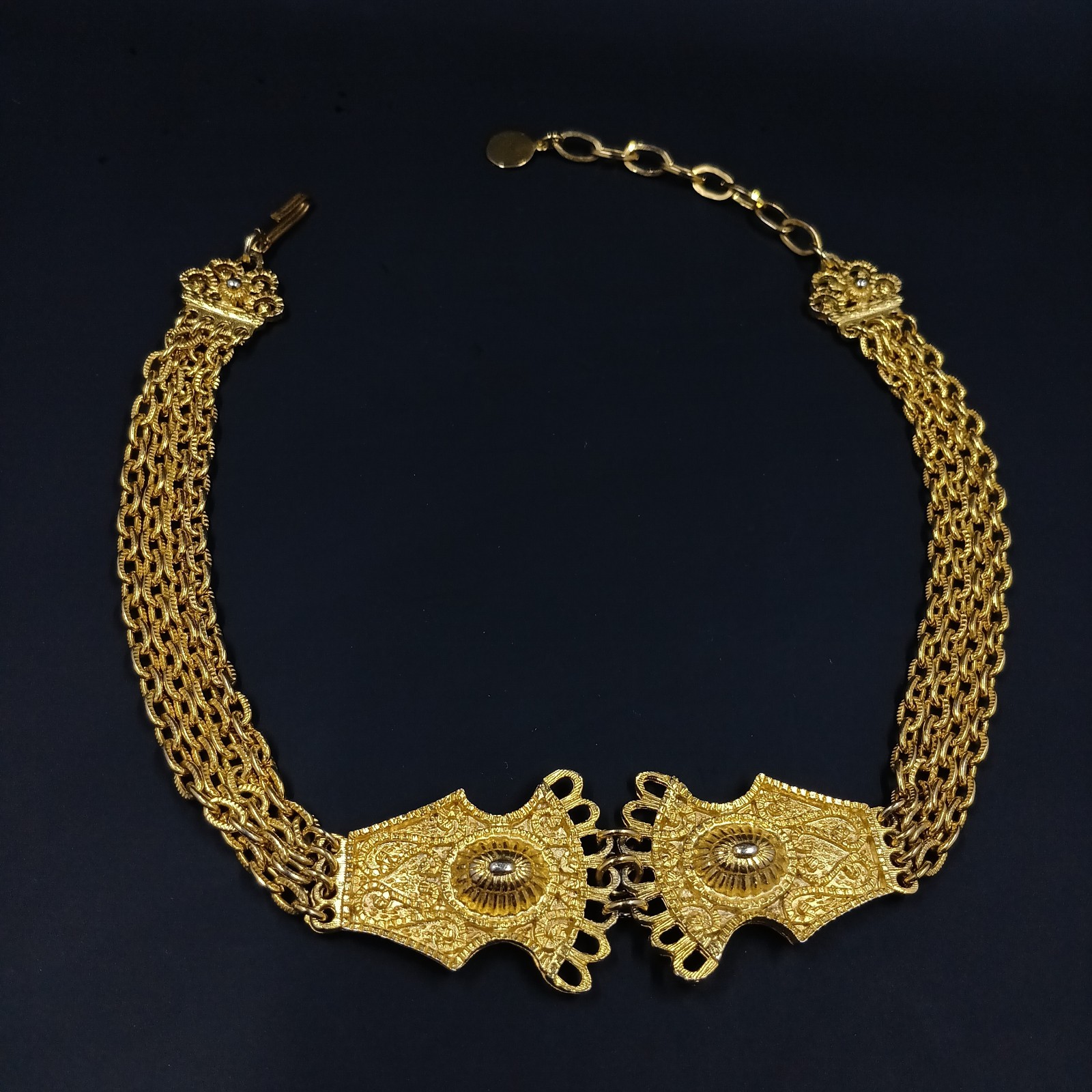 Vintage Gold Tone Ornate Filigree Multi Chain Choker Necklace 14″
