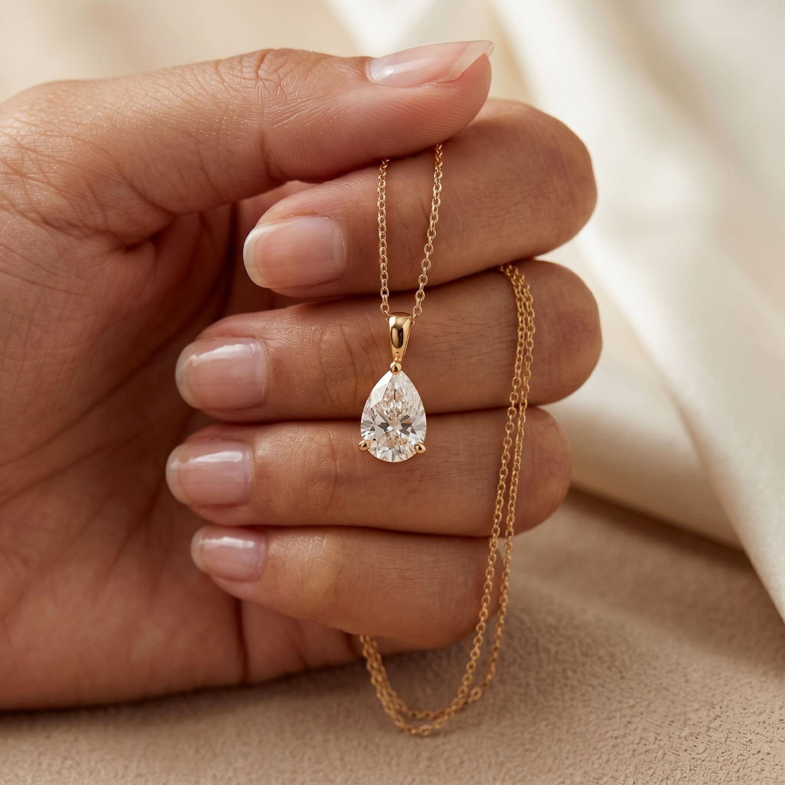 Pear Cut Cubic Zirconia Stone Charm Pendant 10K Solid Yellow Gold Gift For Women