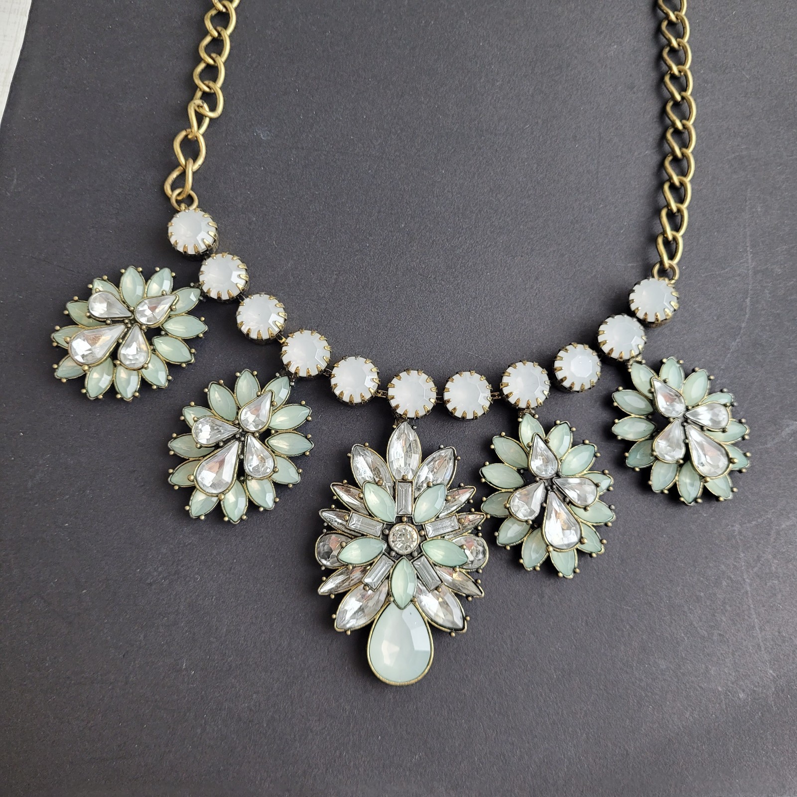 Acrylic Rhinestone Statement Necklace Light Green and Smoky Clear Floral 19″