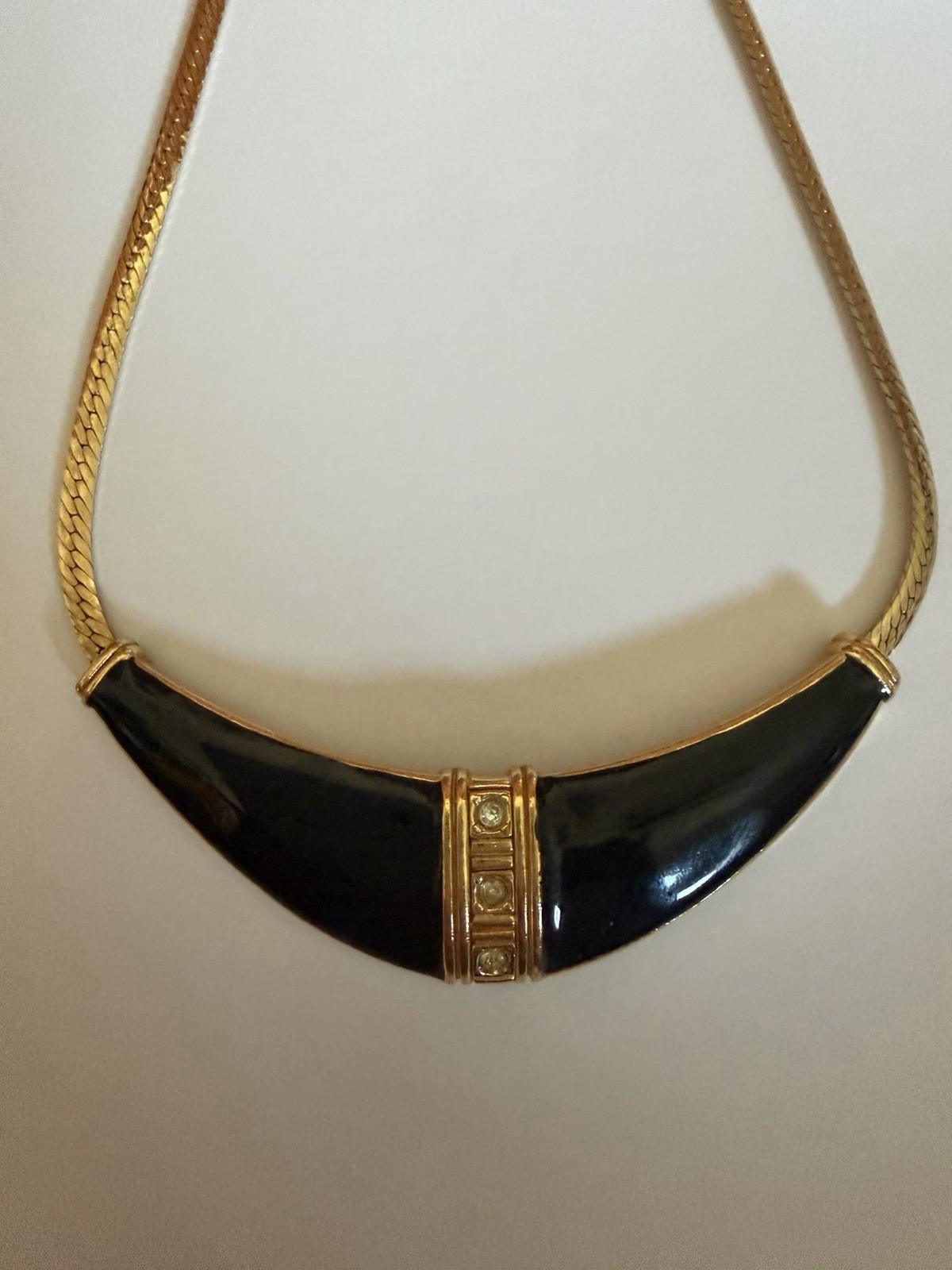 Lot of 2 Gold Tone Snake Chain Choker Necklaces Black Enamel, Geometric V